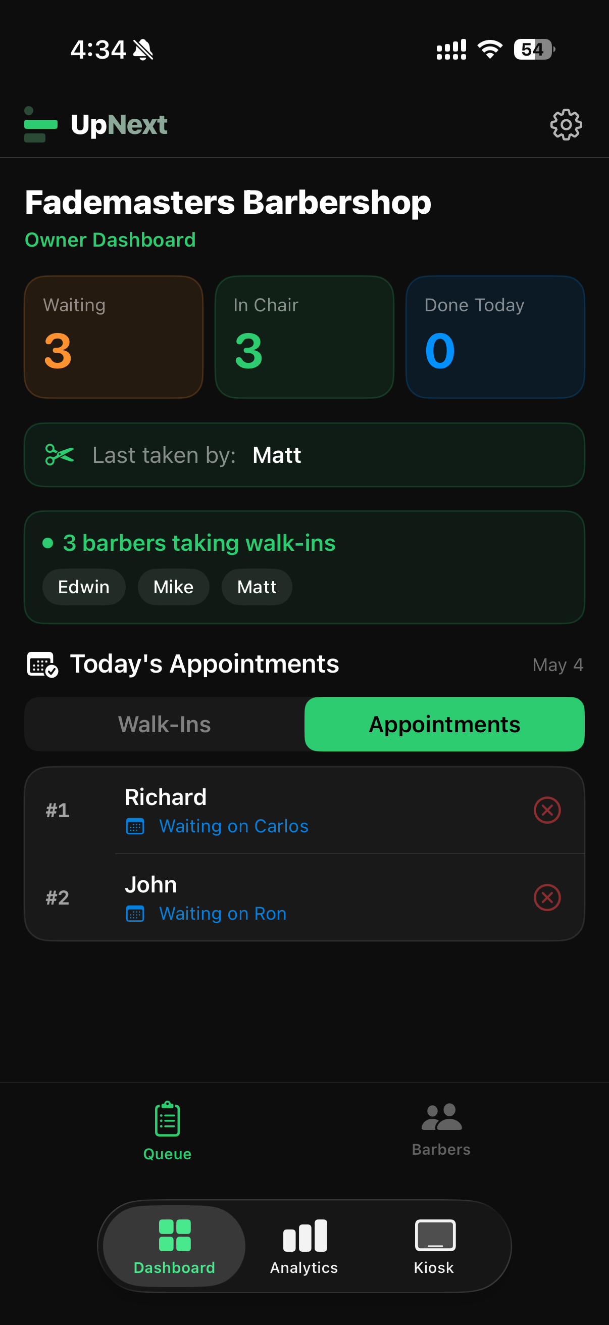 UpNext Owner Dashboard on the Appointments tab — today's appointments waiting on their booked barber