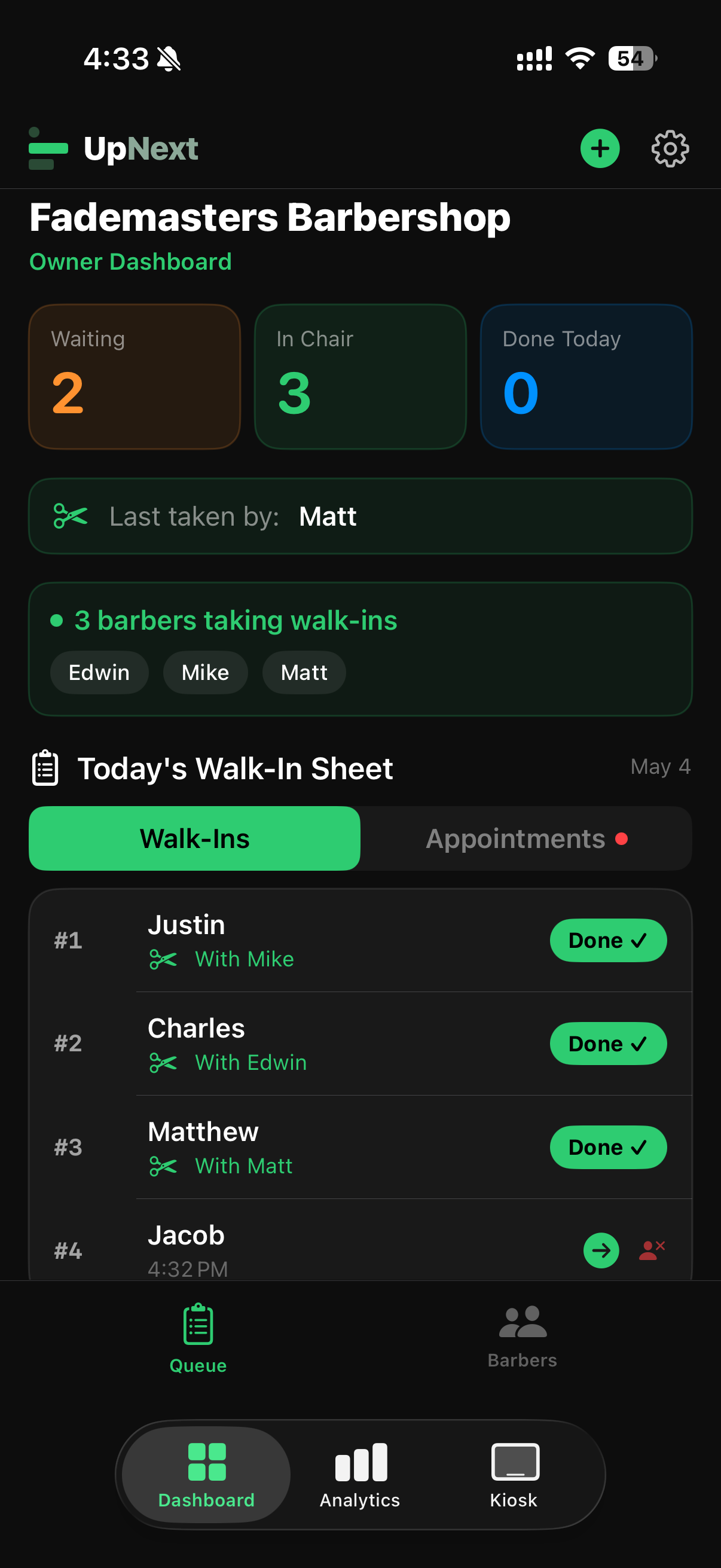 UpNext Owner Dashboard showing live walk-in queue at Fademasters Barbershop