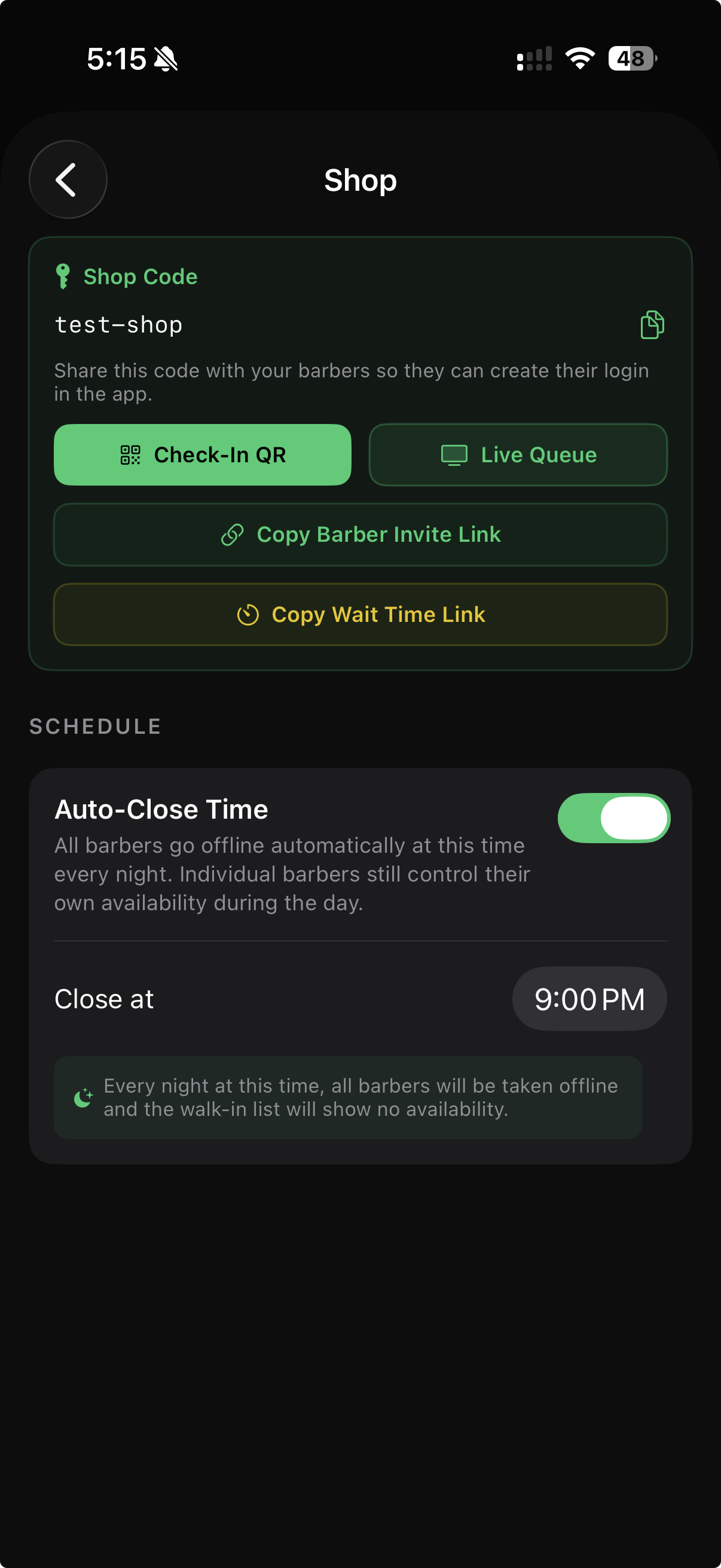 UpNext Shop Settings showing Check-In QR, Live Queue link, and Auto-Close time