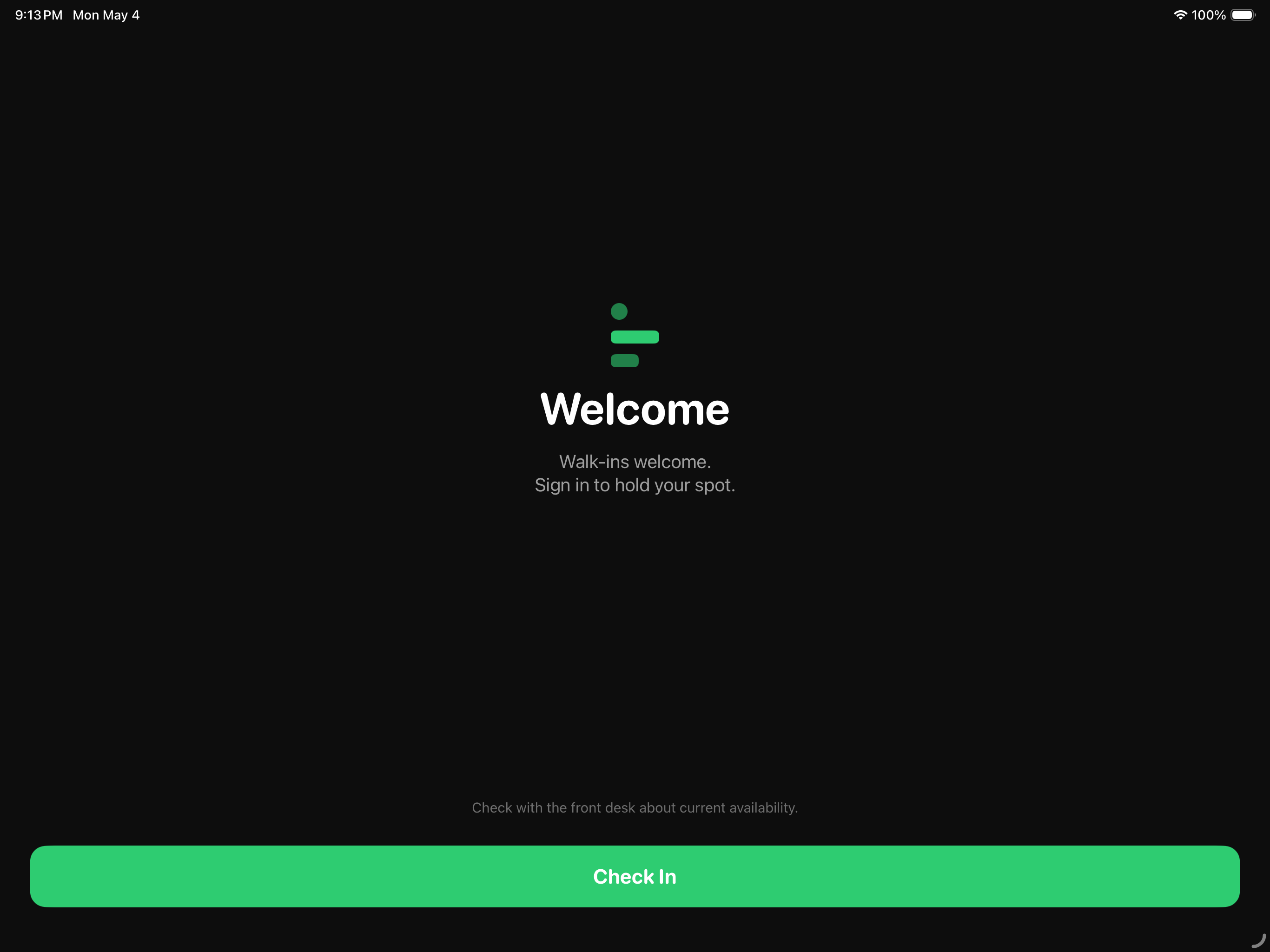 UpNext iPad Kiosk welcome screen — 'Walk-ins welcome. Sign in to hold your spot.' with a large Check In button